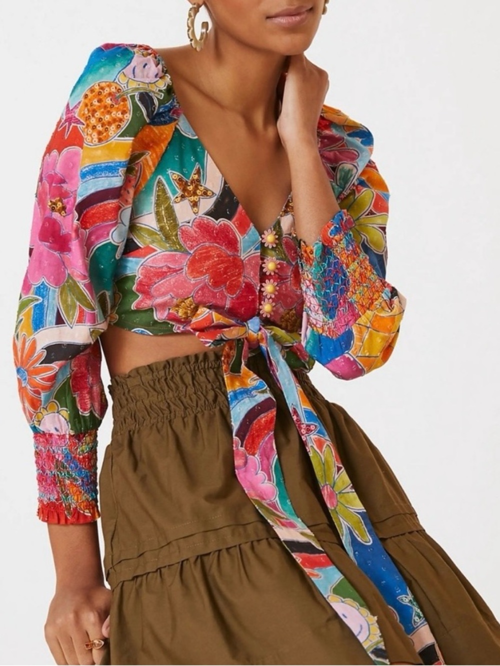 FARM Rio Multicolor Floral Tie-Front Crop Top
